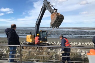 Encaran trabajos de reacomodamiento en la base del muro costero de Río Grande