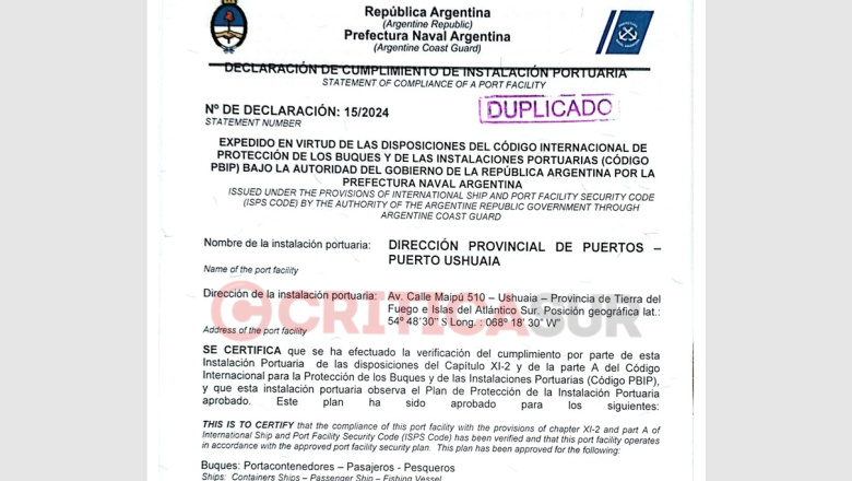 Un documento oficial de Prefectura certificó a principios de enero que el Puerto de Ushuaia cumplía normas de seguridad hasta 2029