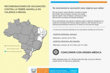 Disponen de vacunas contra la fiebre amarilla para quienes viajen a Brasil